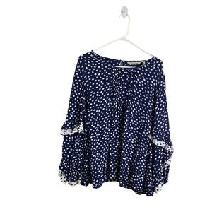 Soft Surroundings White Polka Dot Ruffle Navy Blouse